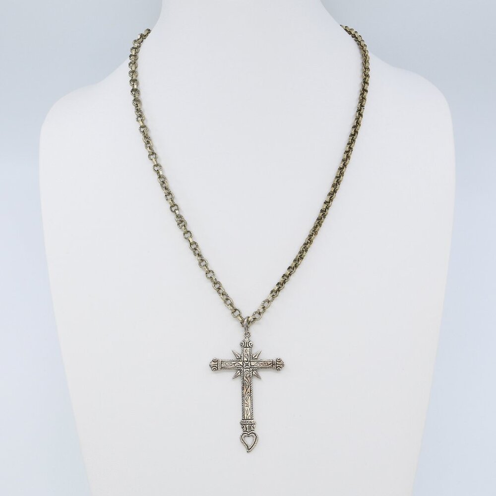 Antique Victorian Witch's Heart Sterling Cross on Watch Chain Necklace 1890s